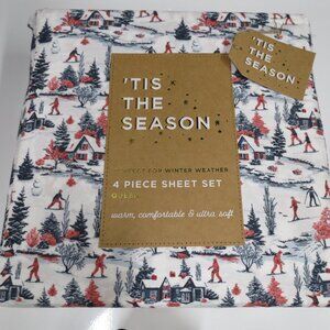 Tis the Season 4 Piece Queen‎ Sheet Set Snow Ski Winter Wonderland NWT